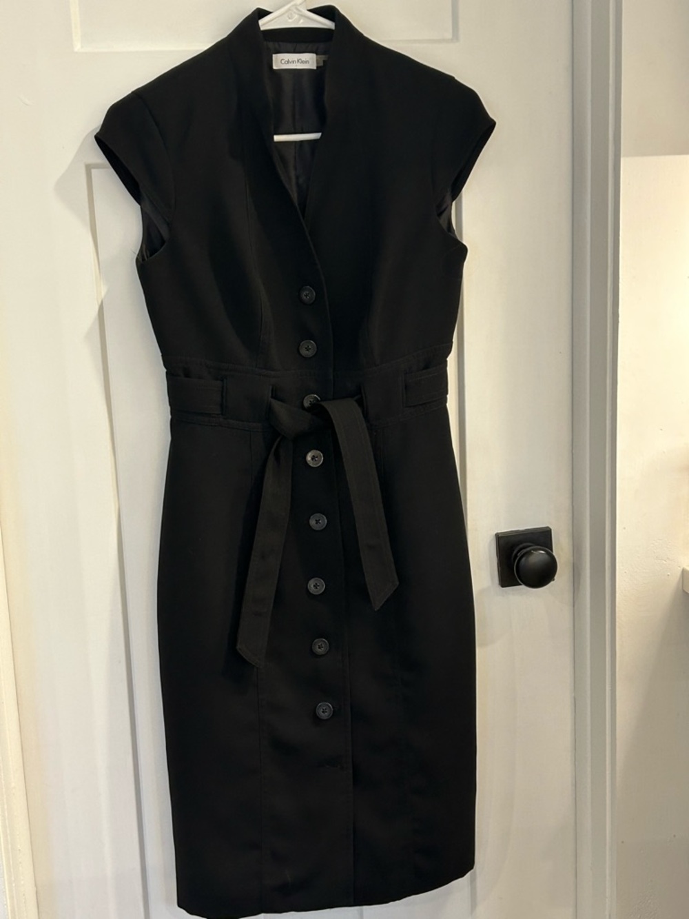 Calvin Klein Black Button-Front Belted Midi Sheath Dress